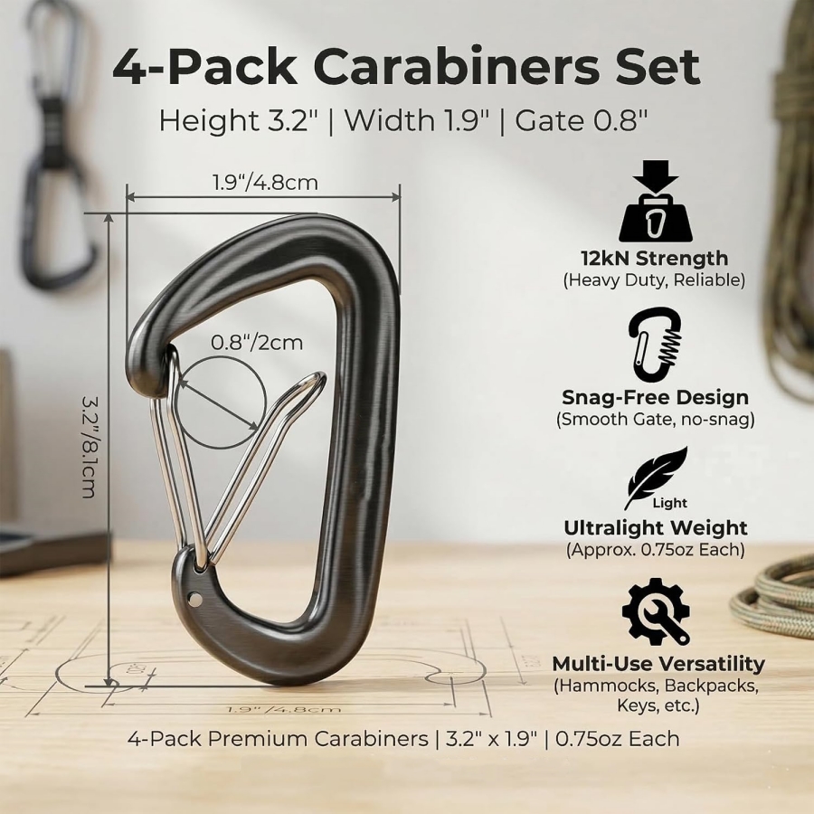 Juego de 4 mosquetones de alum - Carabiners Aluminum 12Kn Heavy Duty reseña y precio